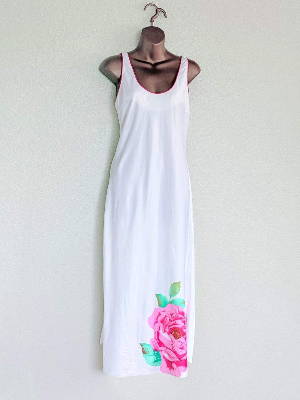 VTG 90s Fernando Sanchez Squette White Maxi Nightgown Floral Pink Peony Sz S